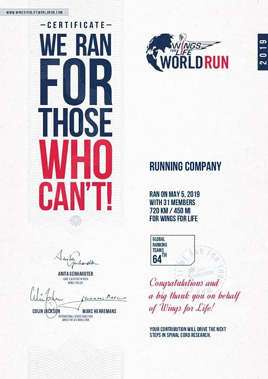 Urkunde RUNNING Company Team Wings for Life World Run 2019